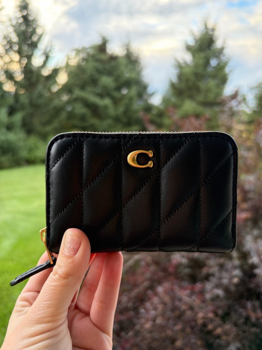 Coach essential small zip around card case with pillow quilting black gold NWT